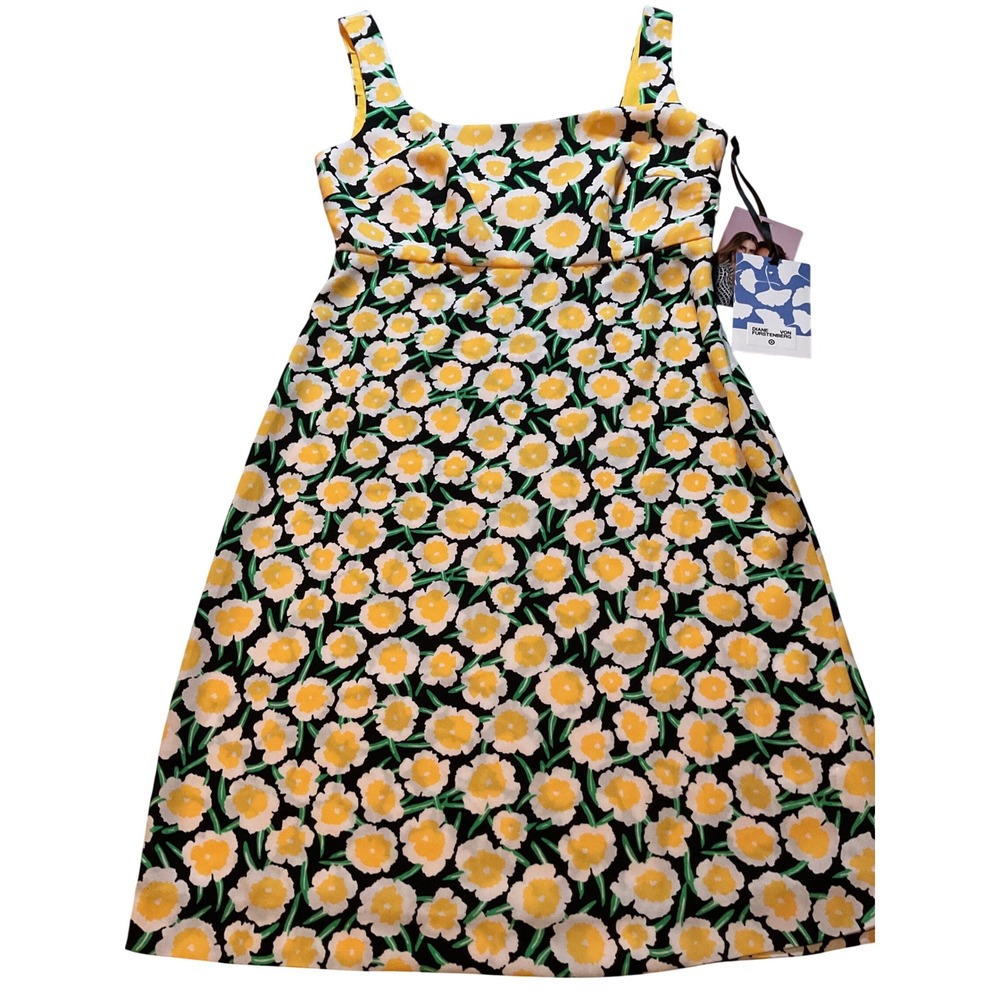 DIANE VON FURSTENBERG Target Floral Square Neck Midi Dress Yellow Black Size 00